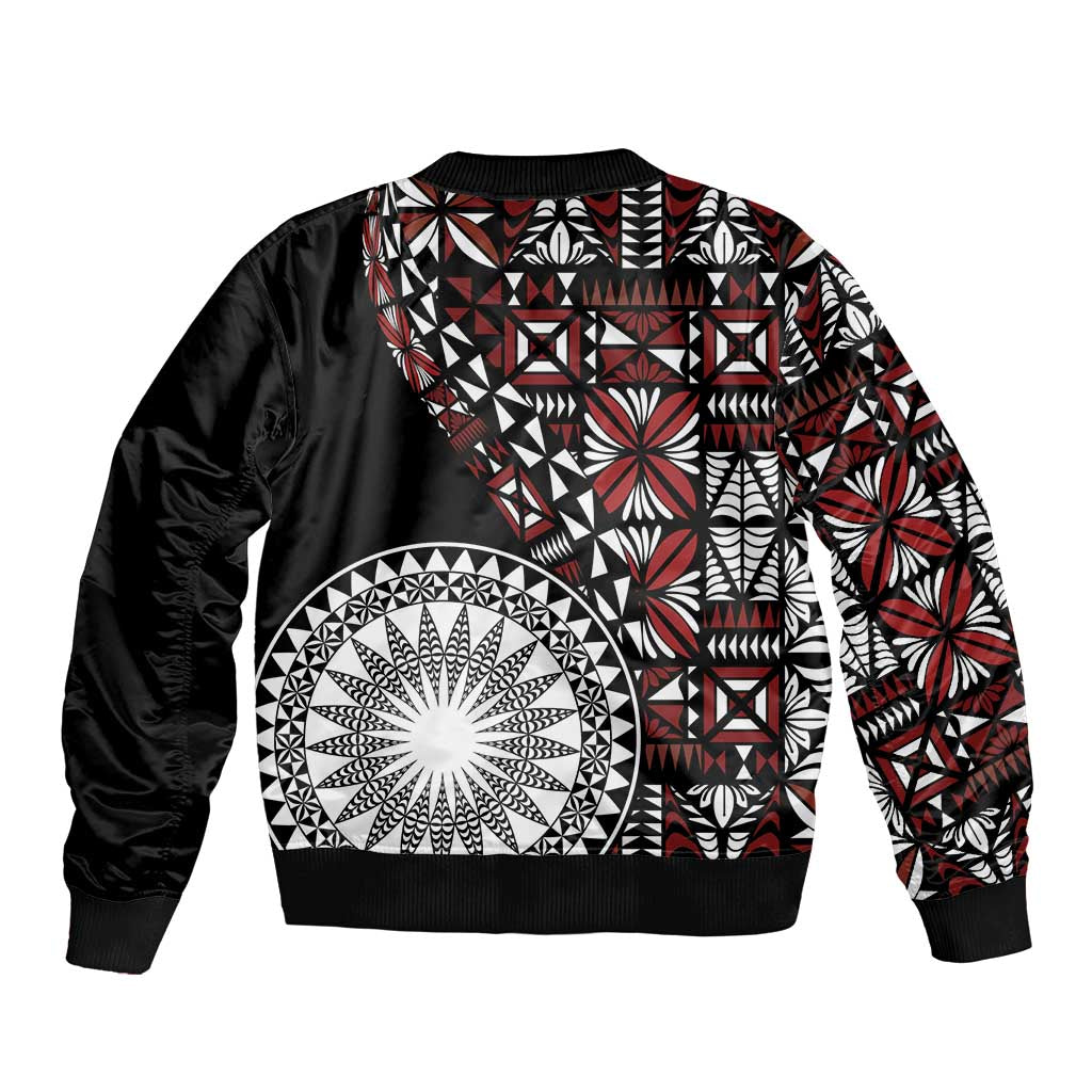 Red Tongan Ngatu Fonulei Pattern Sleeve Zip Bomber Jacket LT9 - Polynesian Pride