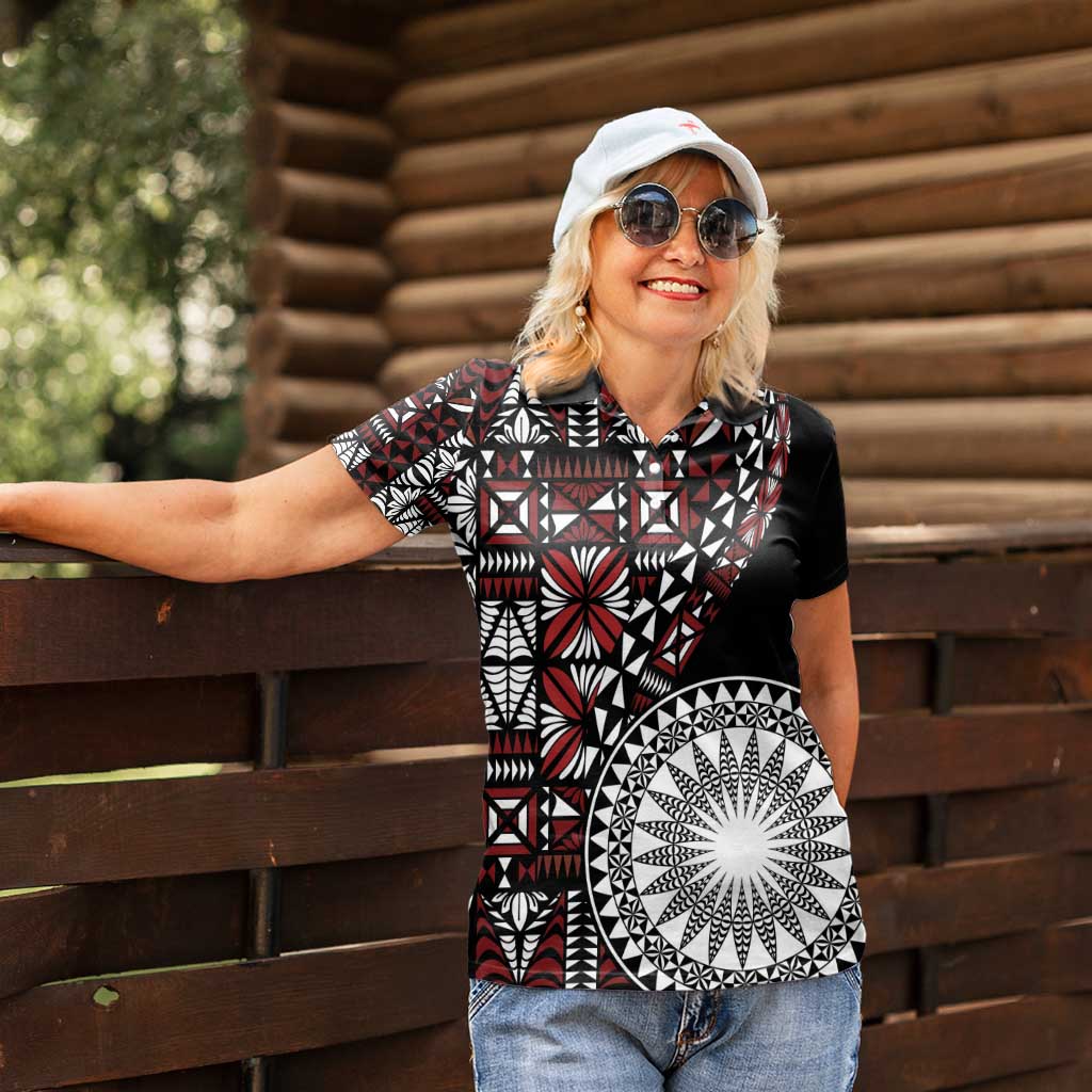Red Tongan Ngatu Fonulei Pattern Women Polo Shirt