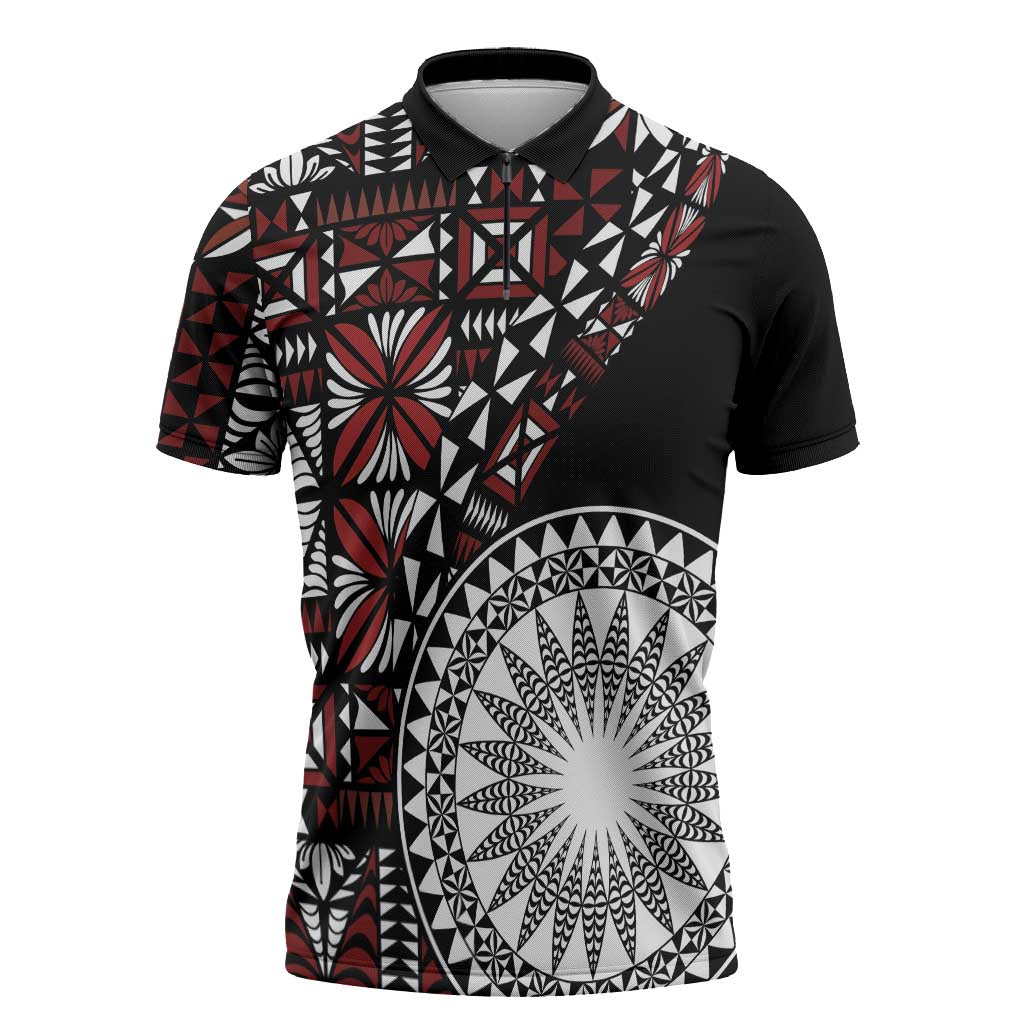 Red Tongan Ngatu Fonulei Pattern Zipper Polo Shirt LT9 Red - Polynesian Pride