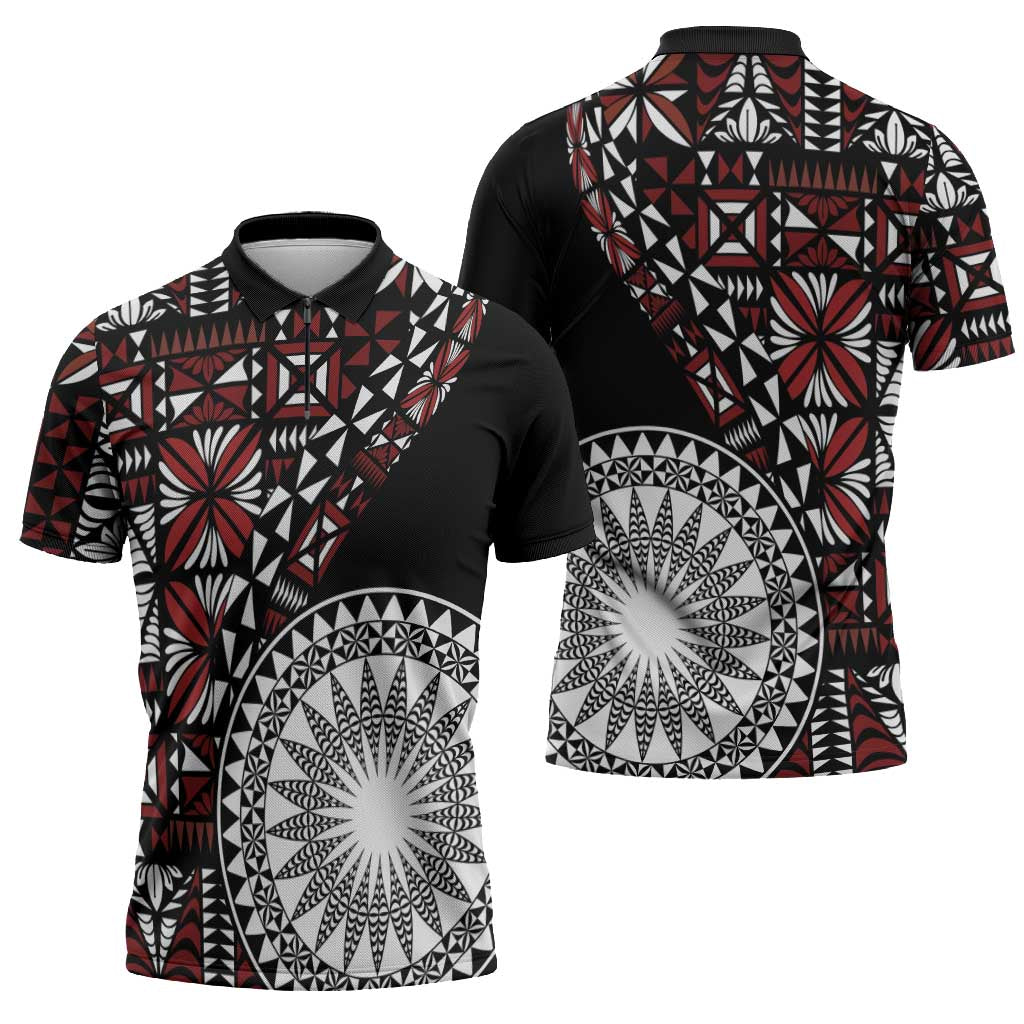 Red Tongan Ngatu Fonulei Pattern Zipper Polo Shirt LT9 - Polynesian Pride