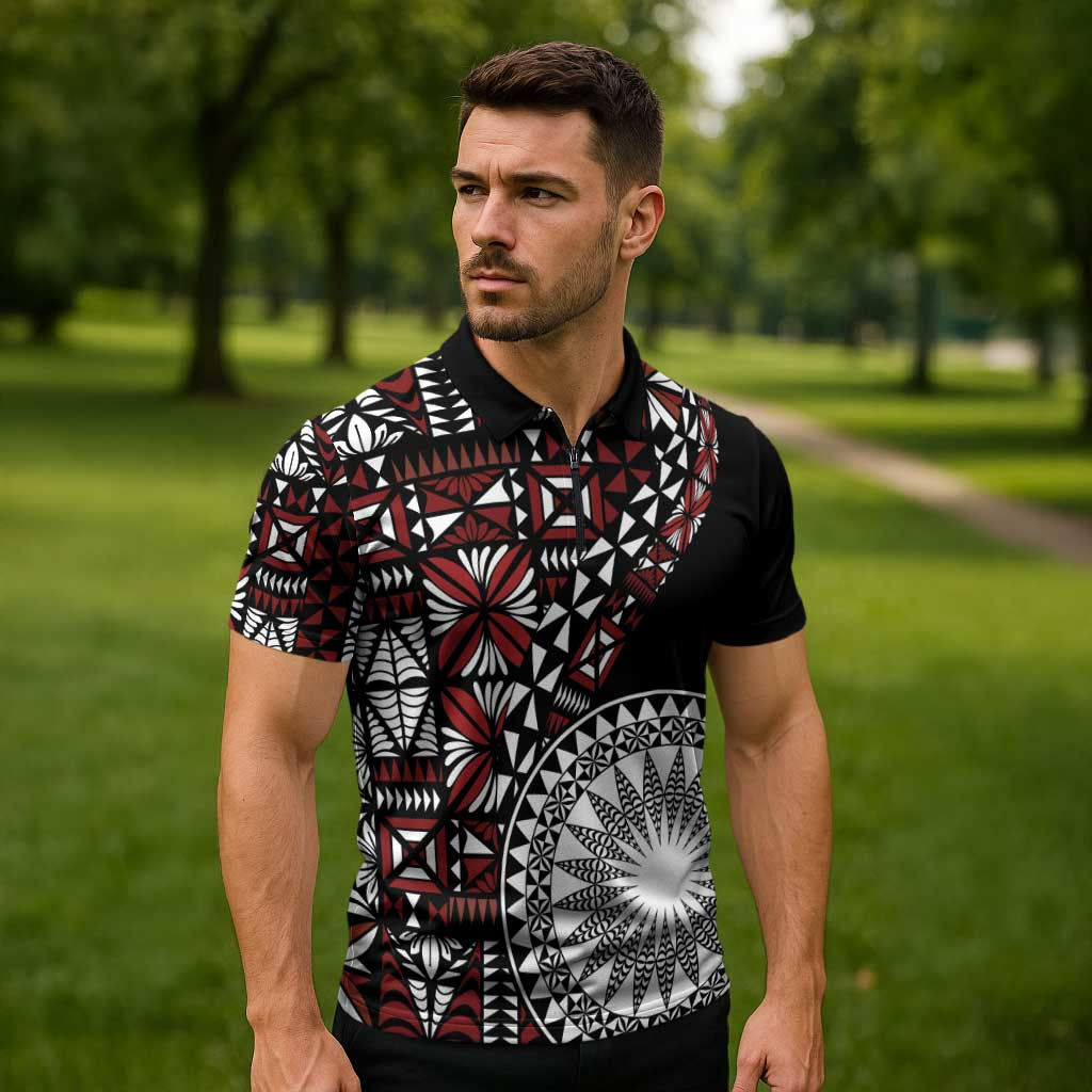 Red Tongan Ngatu Fonulei Pattern Zipper Polo Shirt LT9 - Polynesian Pride