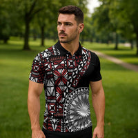 Red Tongan Ngatu Fonulei Pattern Zipper Polo Shirt LT9 - Polynesian Pride