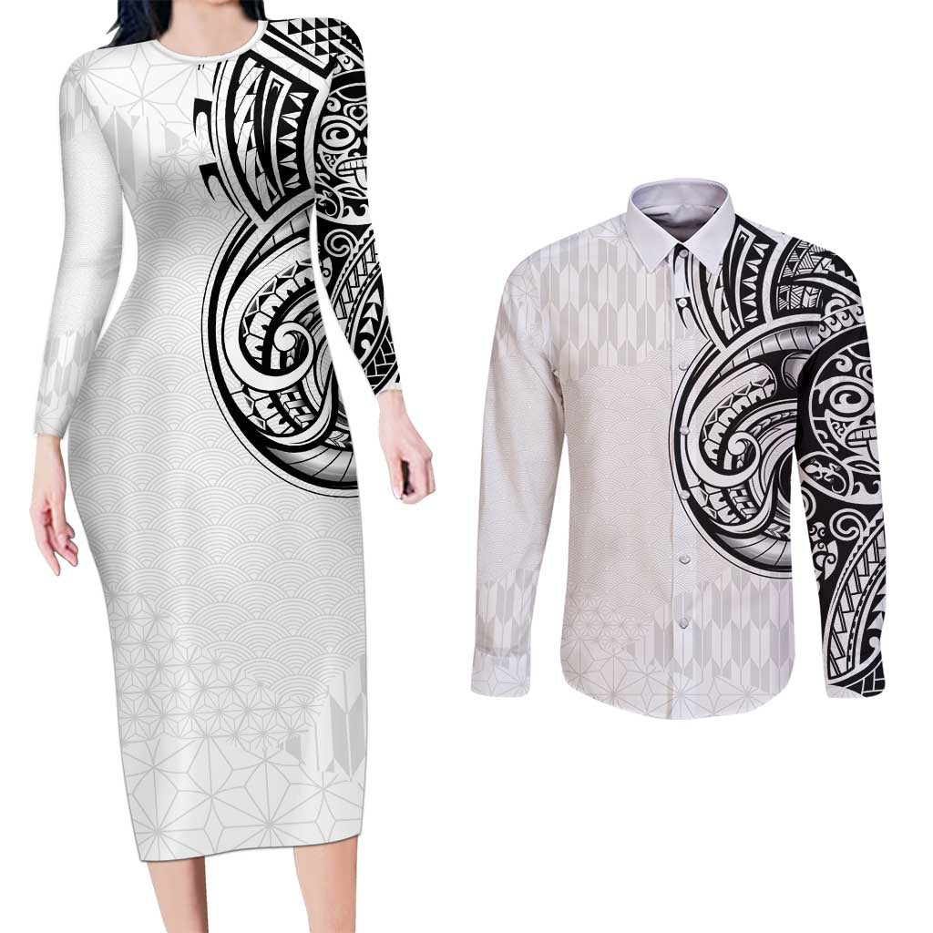 Hawaii and Japanese Culture Personalised Couples Matching Long Sleeve Bodycon Dress and Long Sleeve Button Shirt With Polynesian Tribal Tattoo Style LT9 White - Polynesian Pride