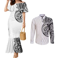 Hawaii and Japanese Culture Personalised Couples Matching Mermaid Dress and Long Sleeve Button Shirt With Polynesian Tribal Tattoo Style LT9 White - Polynesian Pride