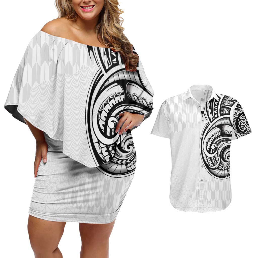 Hawaii and Japanese Culture Personalised Couples Matching Off Shoulder Short Dress and Hawaiian Shirt With Polynesian Tribal Tattoo Style LT9 White - Polynesian Pride