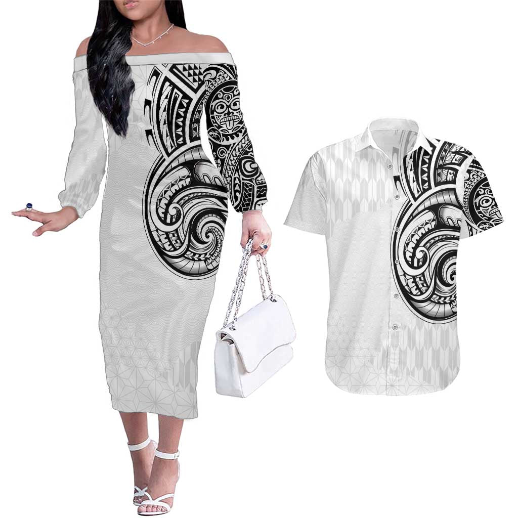 Hawaii and Japanese Culture Personalised Couples Matching Off The Shoulder Long Sleeve Dress and Hawaiian Shirt With Polynesian Tribal Tattoo Style LT9 White - Polynesian Pride