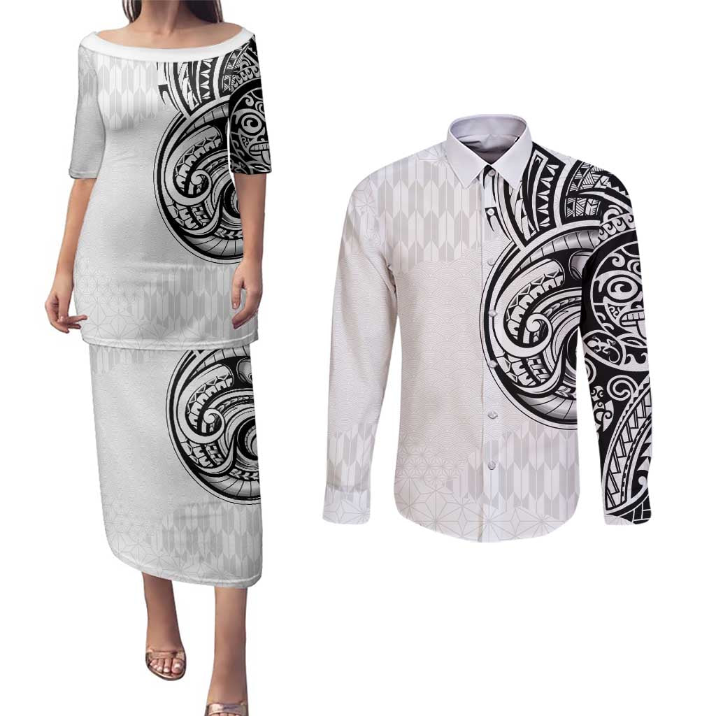 Hawaii and Japanese Culture Personalised Couples Matching Puletasi and Long Sleeve Button Shirt With Polynesian Tribal Tattoo Style LT9 White - Polynesian Pride