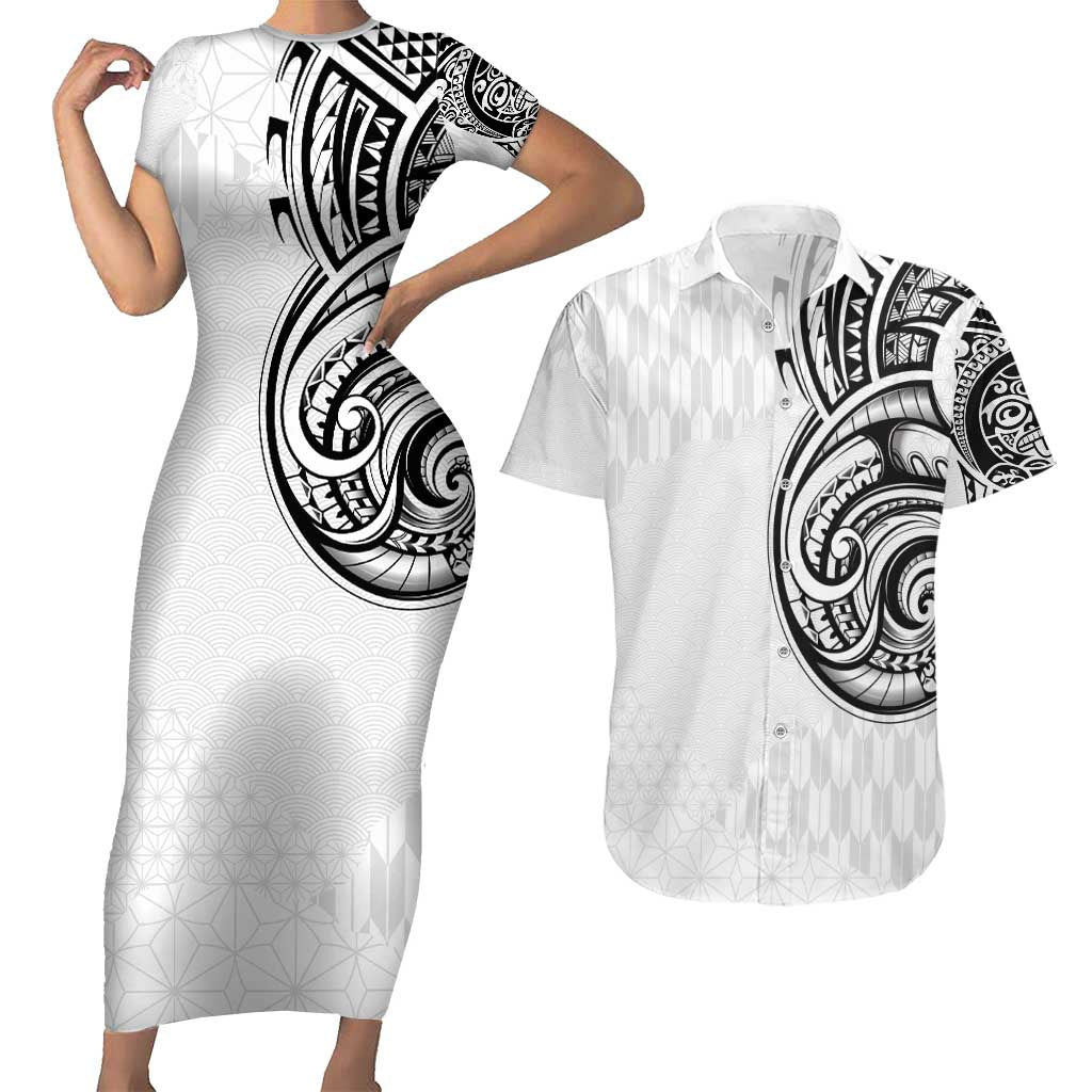 Hawaii and Japanese Culture Personalised Couples Matching Short Sleeve Bodycon Dress and Hawaiian Shirt With Polynesian Tribal Tattoo Style LT9 White - Polynesian Pride
