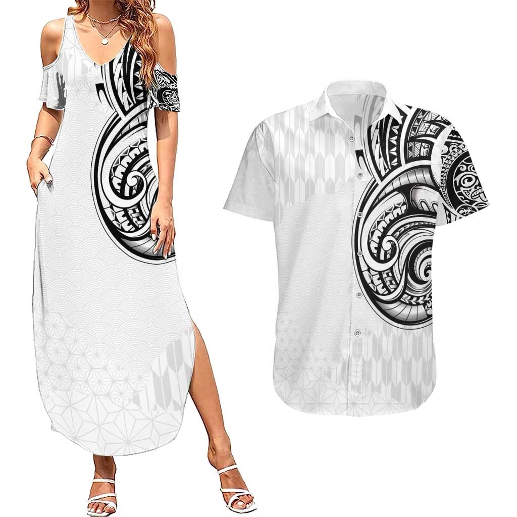 Hawaii and Japanese Culture Personalised Couples Matching Summer Maxi Dress and Hawaiian Shirt With Polynesian Tribal Tattoo Style LT9 White - Polynesian Pride