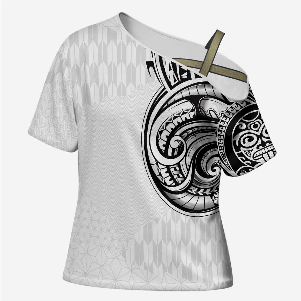 Hawaii and Japanese Culture Personalised Cross Shoulder Shirt With Polynesian Tribal Tattoo Style LT9 Female White - Polynesian Pride