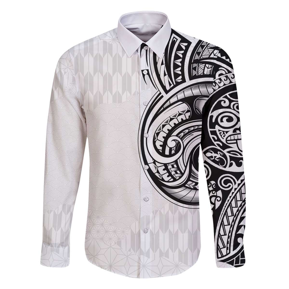 Hawaii and Japanese Culture Personalised Family Matching Off The Shoulder Long Sleeve Dress and Hawaiian Shirt With Polynesian Tribal Tattoo Style LT9 Dad's Shirt - Long Sleeve White - Polynesian Pride
