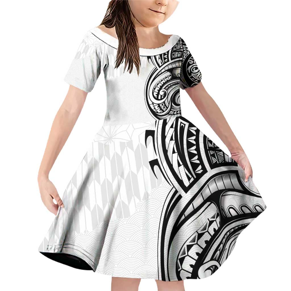 Hawaii and Japanese Culture Personalised Family Matching Off Shoulder Short Dress and Hawaiian Shirt With Polynesian Tribal Tattoo Style LT9 Daughter's Dress White - Polynesian Pride