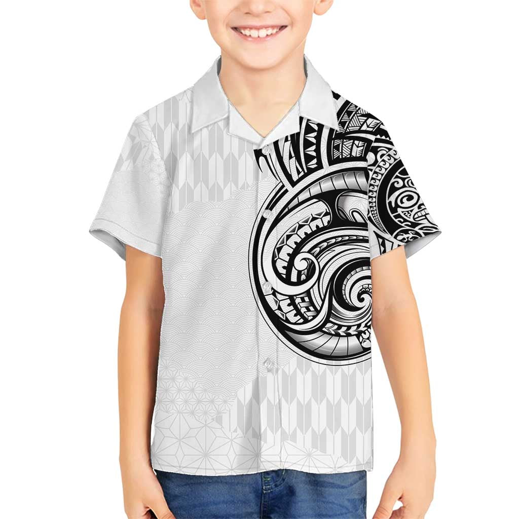 Hawaii and Japanese Culture Personalised Family Matching Off Shoulder Short Dress and Hawaiian Shirt With Polynesian Tribal Tattoo Style LT9 Son's Shirt White - Polynesian Pride