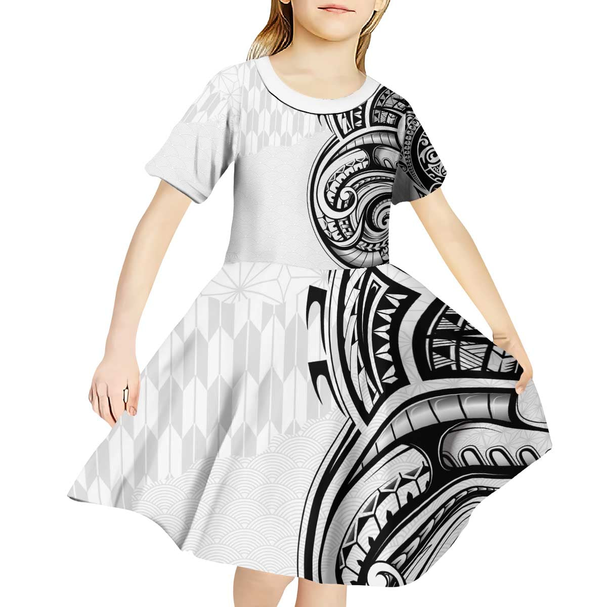 Hawaii and Japanese Culture Personalised Kid Short Sleeve Dress With Polynesian Tribal Tattoo Style LT9 - Polynesian Pride