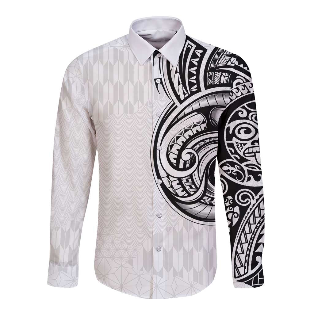 Hawaii and Japanese Culture Personalised Long Sleeve Button Shirt With Polynesian Tribal Tattoo Style LT9 Unisex White - Polynesian Pride