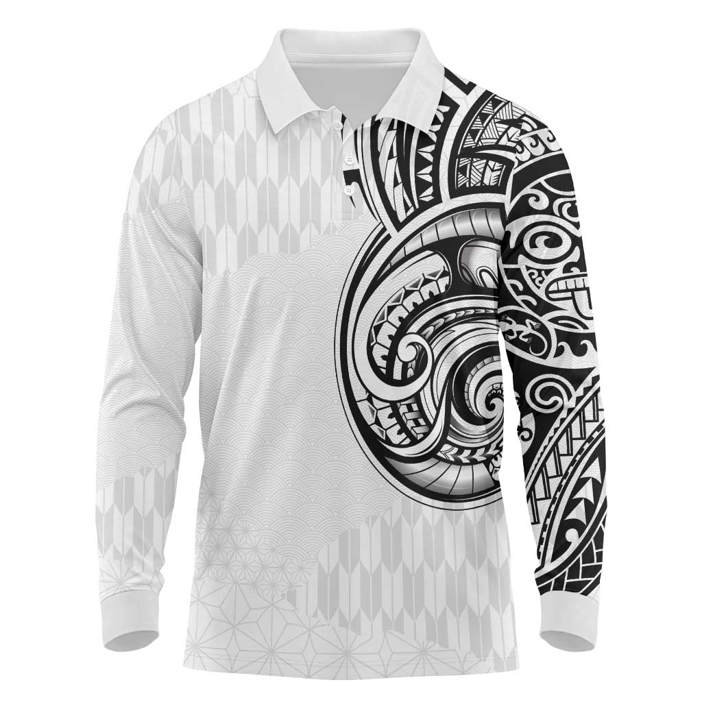 Hawaii and Japanese Culture Personalised Long Sleeve Polo Shirt With Polynesian Tribal Tattoo Style LT9 White - Polynesian Pride