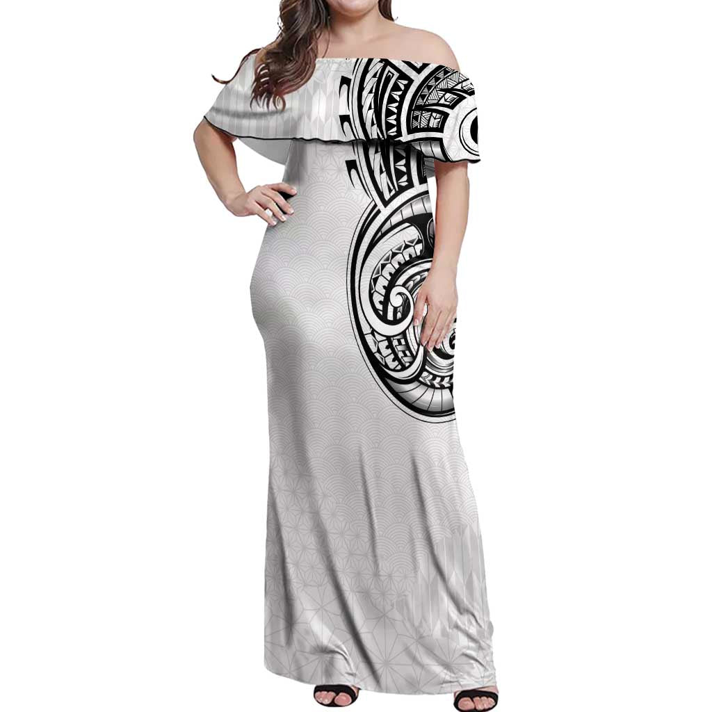 Hawaii and Japanese Culture Personalised Off Shoulder Maxi Dress With Polynesian Tribal Tattoo Style LT9 Women White - Polynesian Pride
