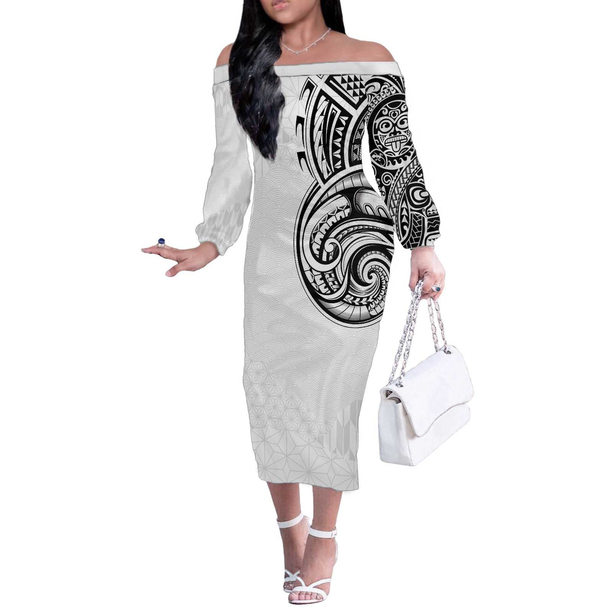 Hawaii and Japanese Culture Personalised Off The Shoulder Long Sleeve Dress With Polynesian Tribal Tattoo Style LT9 Women White - Polynesian Pride