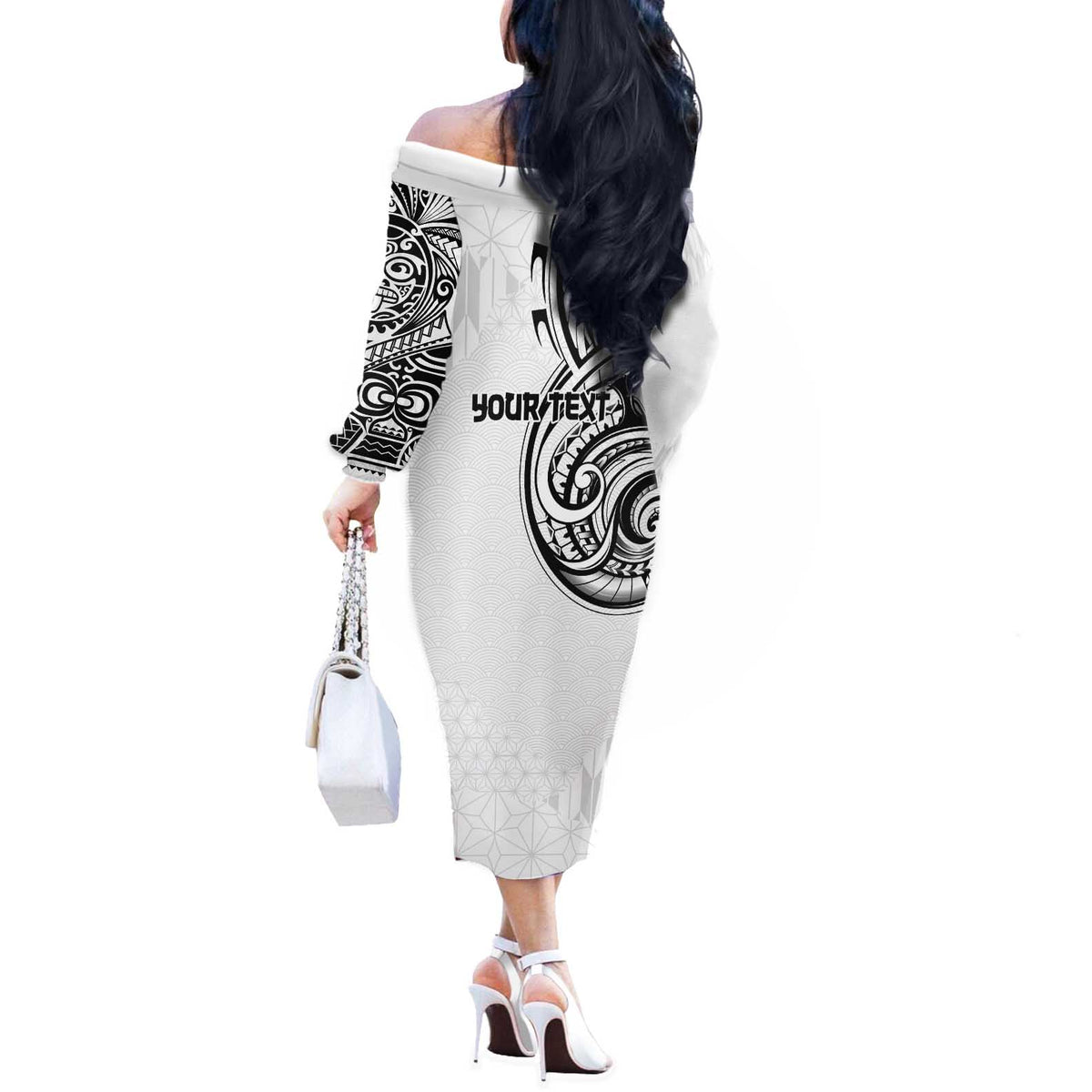 Hawaii and Japanese Culture Personalised Off The Shoulder Long Sleeve Dress With Polynesian Tribal Tattoo Style LT9 - Polynesian Pride