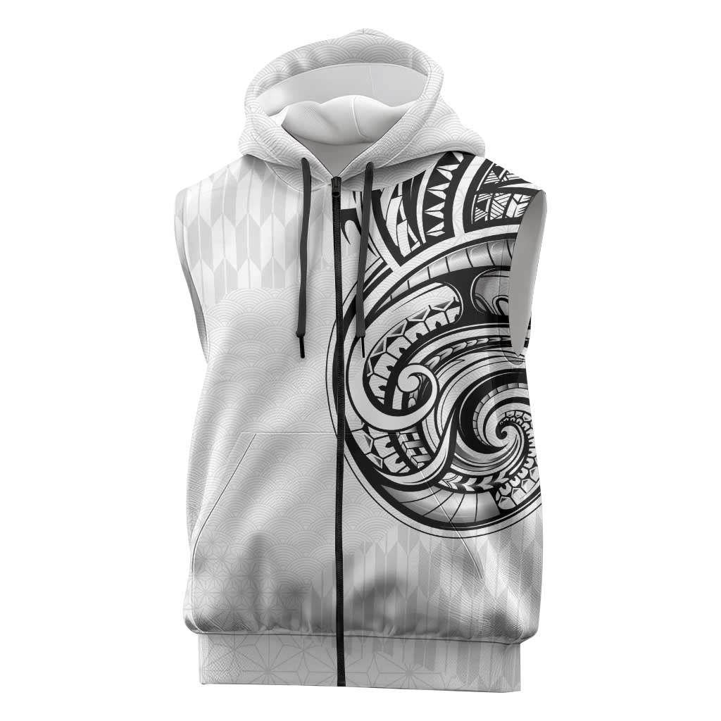 Hawaii and Japanese Culture Personalised Sleeveless Zip Hoodie With Polynesian Tribal Tattoo Style LT9 White - Polynesian Pride