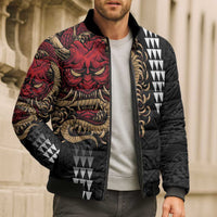 Hawaii and Japanese Oni Mask Personalised Bomber Puffer Jacket Kakau Pattern Dark Art Style LT9 - Polynesian Pride