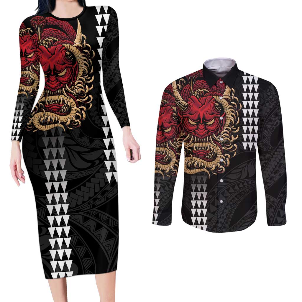 Hawaii and Japanese Oni Mask Personalised Couples Matching Long Sleeve Bodycon Dress and Long Sleeve Button Shirt Kakau Pattern Dark Art Style LT9 Black - Polynesian Pride