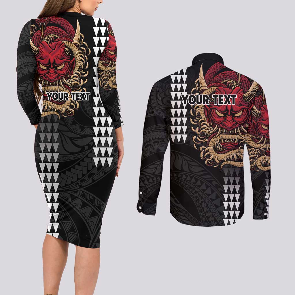 Hawaii and Japanese Oni Mask Personalised Couples Matching Long Sleeve Bodycon Dress and Long Sleeve Button Shirt Kakau Pattern Dark Art Style LT9 - Polynesian Pride