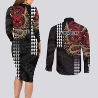 Hawaii and Japanese Oni Mask Personalised Couples Matching Long Sleeve Bodycon Dress and Long Sleeve Button Shirt Kakau Pattern Dark Art Style LT9 - Polynesian Pride