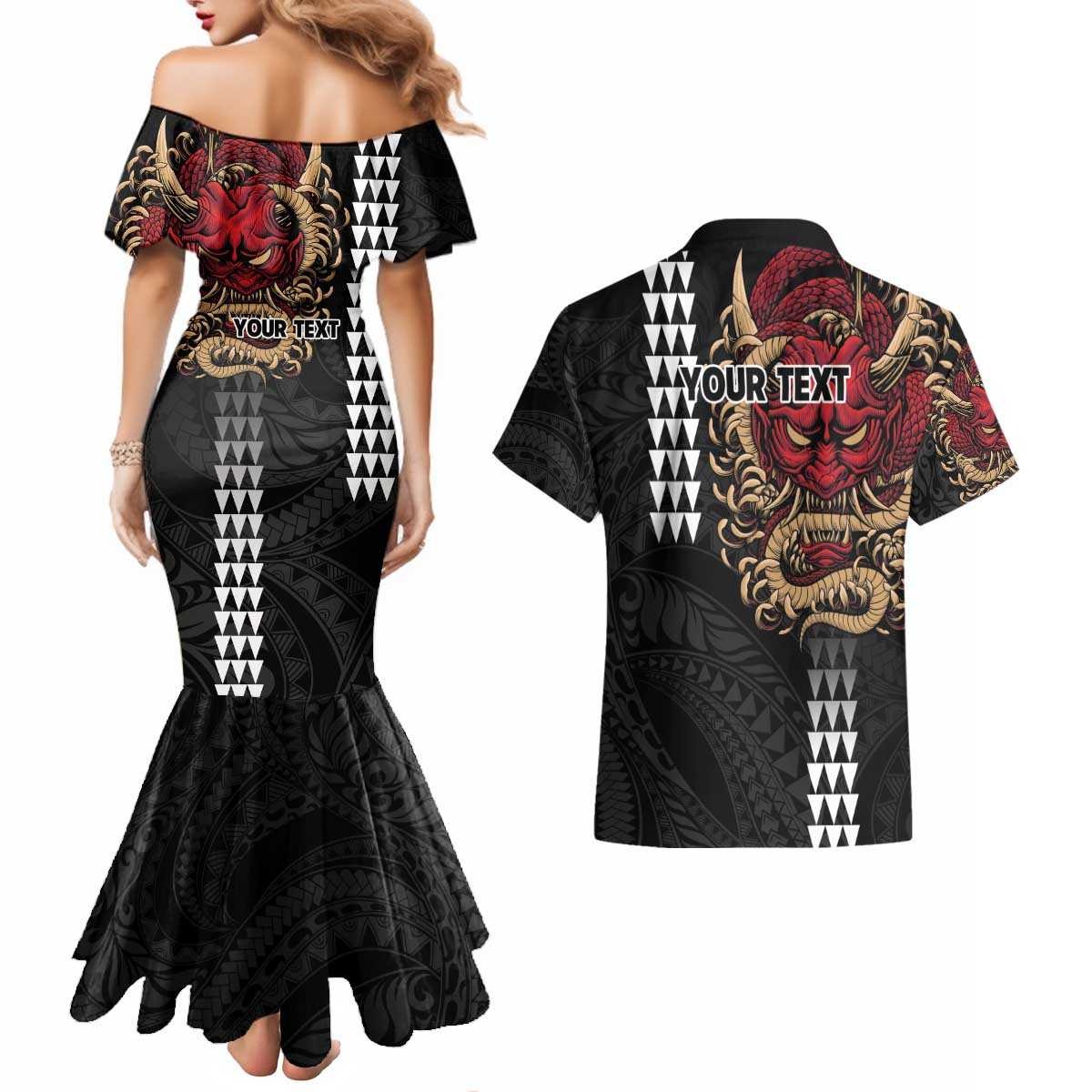 Hawaii and Japanese Oni Mask Personalised Couples Matching Mermaid Dress and Hawaiian Shirt Kakau Pattern Dark Art Style LT9 - Polynesian Pride