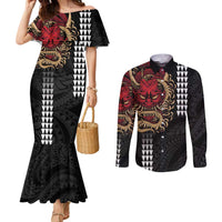 Hawaii and Japanese Oni Mask Personalised Couples Matching Mermaid Dress and Long Sleeve Button Shirt Kakau Pattern Dark Art Style LT9 Black - Polynesian Pride