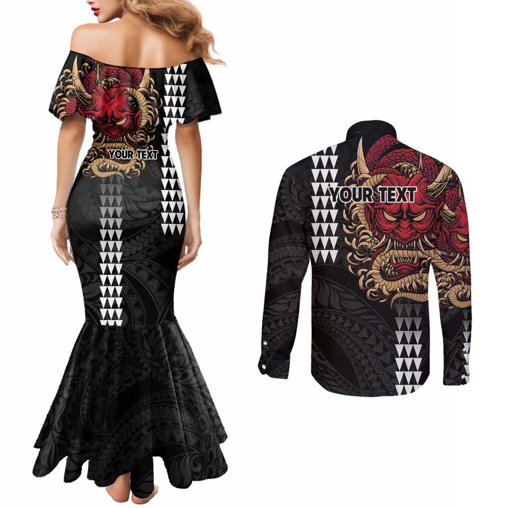 Hawaii and Japanese Oni Mask Personalised Couples Matching Mermaid Dress and Long Sleeve Button Shirt Kakau Pattern Dark Art Style LT9 - Polynesian Pride