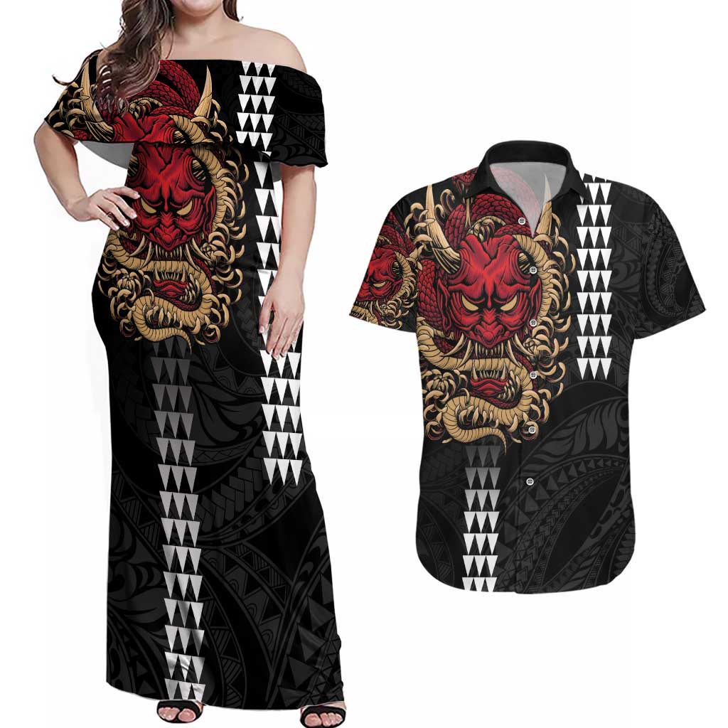 Hawaii and Japanese Oni Mask Personalised Couples Matching Off Shoulder Maxi Dress and Hawaiian Shirt Kakau Pattern Dark Art Style LT9 Black - Polynesian Pride