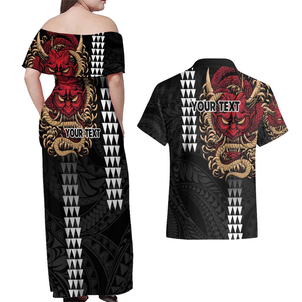 Hawaii and Japanese Oni Mask Personalised Couples Matching Off Shoulder Maxi Dress and Hawaiian Shirt Kakau Pattern Dark Art Style LT9 - Polynesian Pride