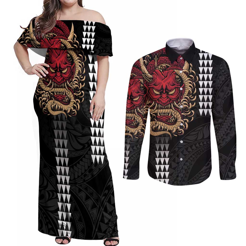 Hawaii and Japanese Oni Mask Personalised Couples Matching Off Shoulder Maxi Dress and Long Sleeve Button Shirt Kakau Pattern Dark Art Style LT9 Black - Polynesian Pride