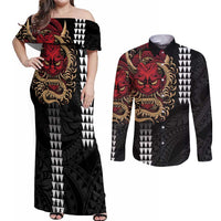 Hawaii and Japanese Oni Mask Personalised Couples Matching Off Shoulder Maxi Dress and Long Sleeve Button Shirt Kakau Pattern Dark Art Style LT9 Black - Polynesian Pride