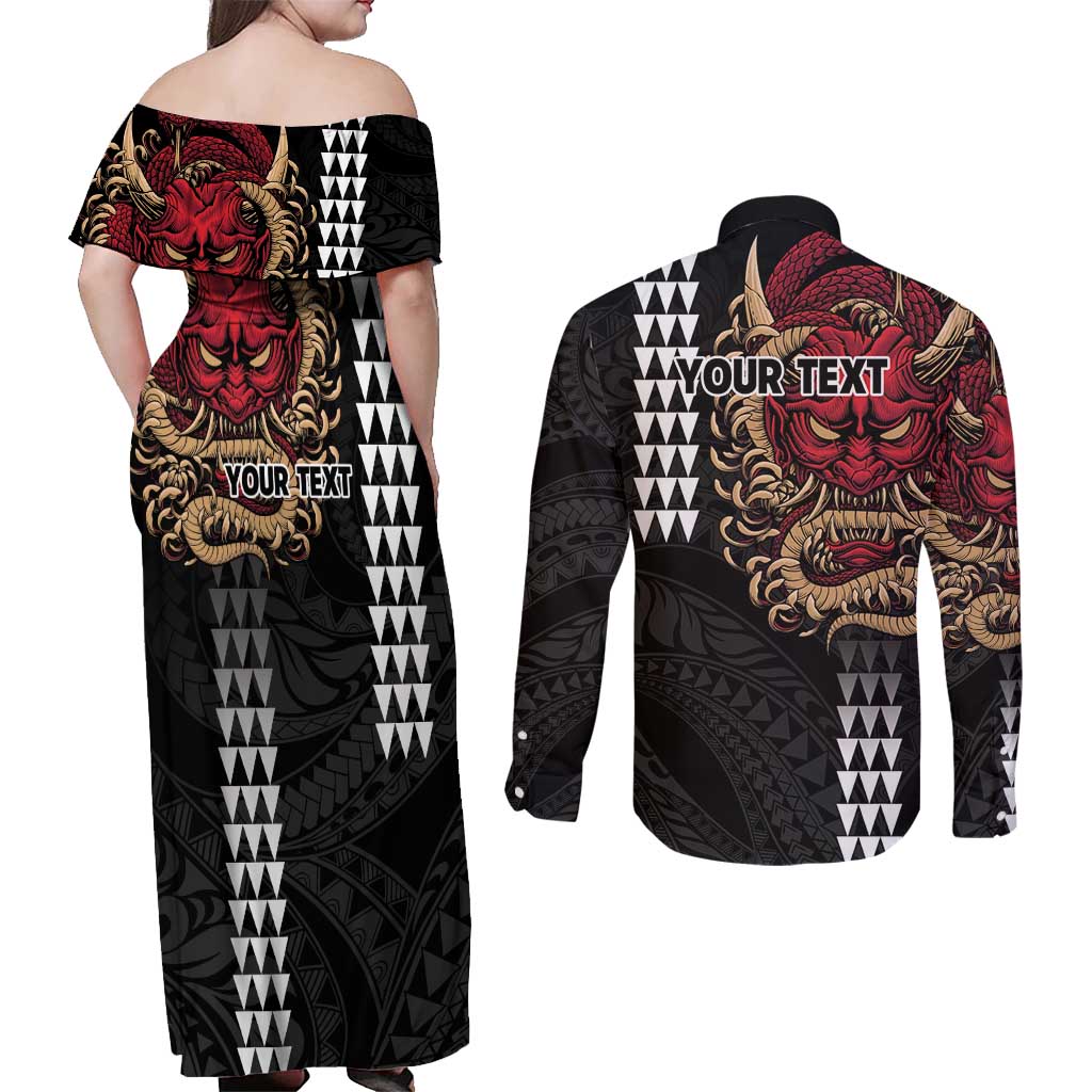Hawaii and Japanese Oni Mask Personalised Couples Matching Off Shoulder Maxi Dress and Long Sleeve Button Shirt Kakau Pattern Dark Art Style LT9 - Polynesian Pride