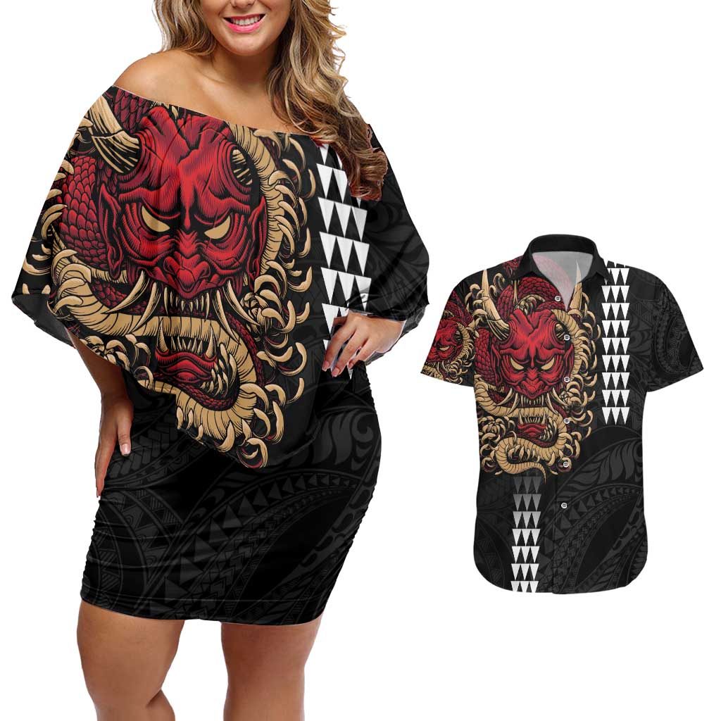 Hawaii and Japanese Oni Mask Personalised Couples Matching Off Shoulder Short Dress and Hawaiian Shirt Kakau Pattern Dark Art Style LT9 Black - Polynesian Pride