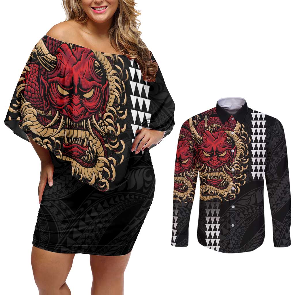 Hawaii and Japanese Oni Mask Personalised Couples Matching Off Shoulder Short Dress and Long Sleeve Button Shirt Kakau Pattern Dark Art Style LT9 Black - Polynesian Pride