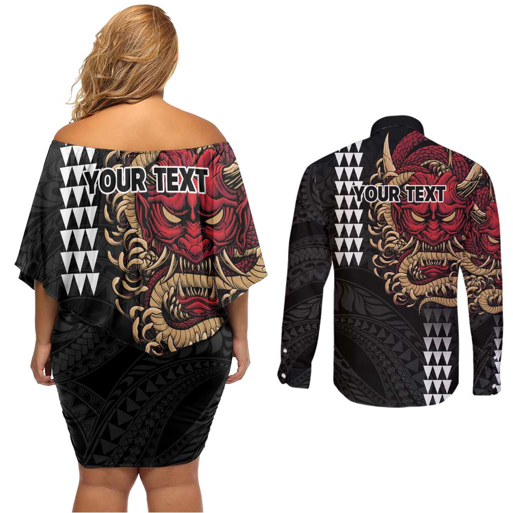 Hawaii and Japanese Oni Mask Personalised Couples Matching Off Shoulder Short Dress and Long Sleeve Button Shirt Kakau Pattern Dark Art Style LT9 - Polynesian Pride