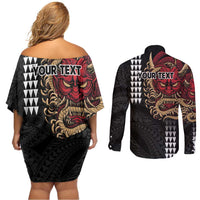 Hawaii and Japanese Oni Mask Personalised Couples Matching Off Shoulder Short Dress and Long Sleeve Button Shirt Kakau Pattern Dark Art Style LT9 - Polynesian Pride