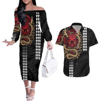 Hawaii and Japanese Oni Mask Personalised Couples Matching Off The Shoulder Long Sleeve Dress and Hawaiian Shirt Kakau Pattern Dark Art Style LT9 Black - Polynesian Pride