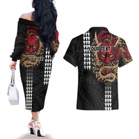Hawaii and Japanese Oni Mask Personalised Couples Matching Off The Shoulder Long Sleeve Dress and Hawaiian Shirt Kakau Pattern Dark Art Style LT9 - Polynesian Pride