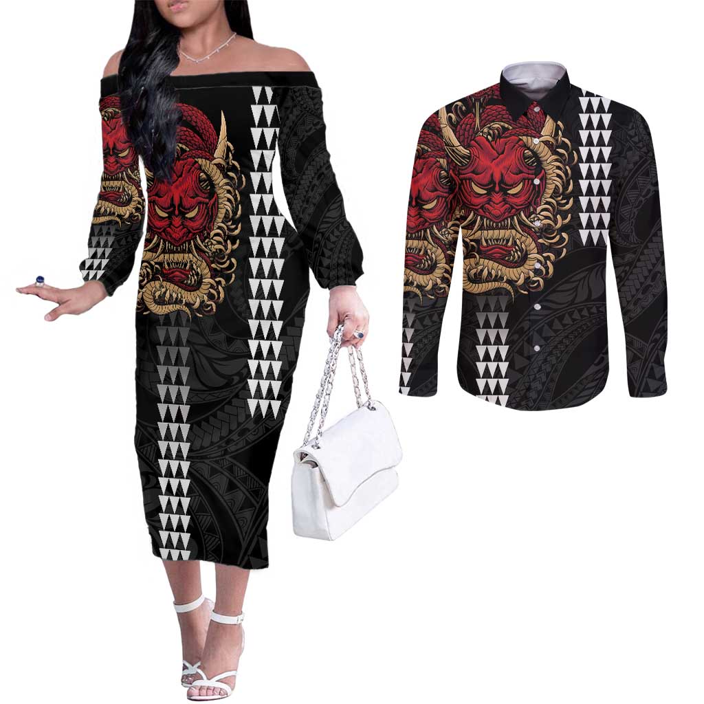Hawaii and Japanese Oni Mask Personalised Couples Matching Off The Shoulder Long Sleeve Dress and Long Sleeve Button Shirt Kakau Pattern Dark Art Style LT9 Black - Polynesian Pride