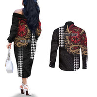 Hawaii and Japanese Oni Mask Personalised Couples Matching Off The Shoulder Long Sleeve Dress and Long Sleeve Button Shirt Kakau Pattern Dark Art Style LT9 - Polynesian Pride
