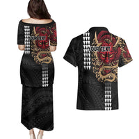 Hawaii and Japanese Oni Mask Personalised Couples Matching Puletasi and Hawaiian Shirt Kakau Pattern Dark Art Style LT9 - Polynesian Pride