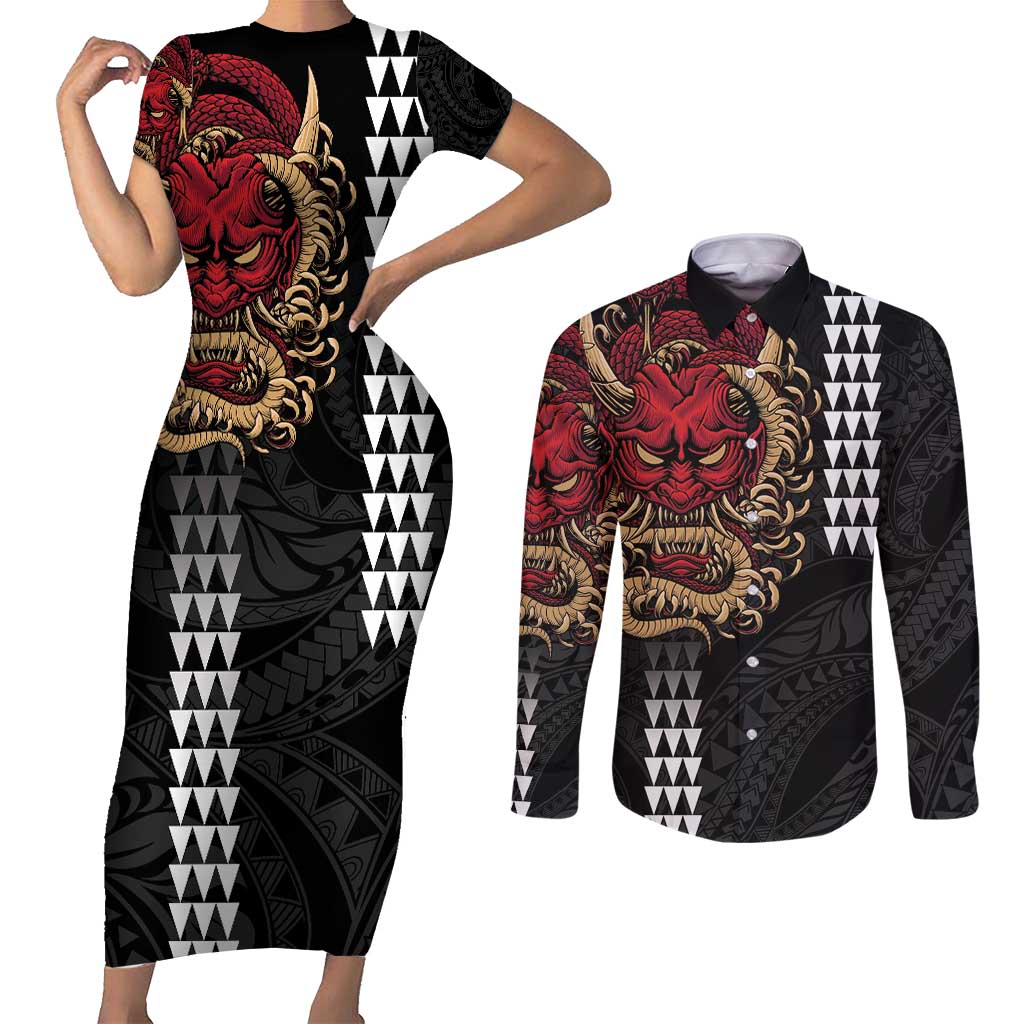 Hawaii and Japanese Oni Mask Personalised Couples Matching Short Sleeve Bodycon Dress and Long Sleeve Button Shirt Kakau Pattern Dark Art Style LT9 Black - Polynesian Pride