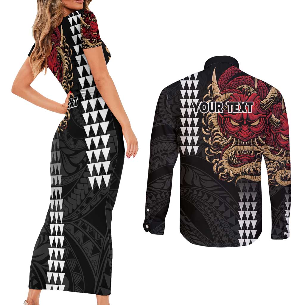 Hawaii and Japanese Oni Mask Personalised Couples Matching Short Sleeve Bodycon Dress and Long Sleeve Button Shirt Kakau Pattern Dark Art Style LT9 - Polynesian Pride