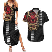 Hawaii and Japanese Oni Mask Personalised Couples Matching Summer Maxi Dress and Hawaiian Shirt Kakau Pattern Dark Art Style LT9 Black - Polynesian Pride