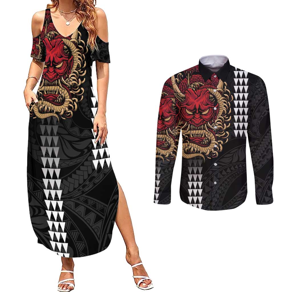 Hawaii and Japanese Oni Mask Personalised Couples Matching Summer Maxi Dress and Long Sleeve Button Shirt Kakau Pattern Dark Art Style LT9 Black - Polynesian Pride
