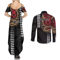 Hawaii and Japanese Oni Mask Personalised Couples Matching Summer Maxi Dress and Long Sleeve Button Shirt Kakau Pattern Dark Art Style LT9 - Polynesian Pride